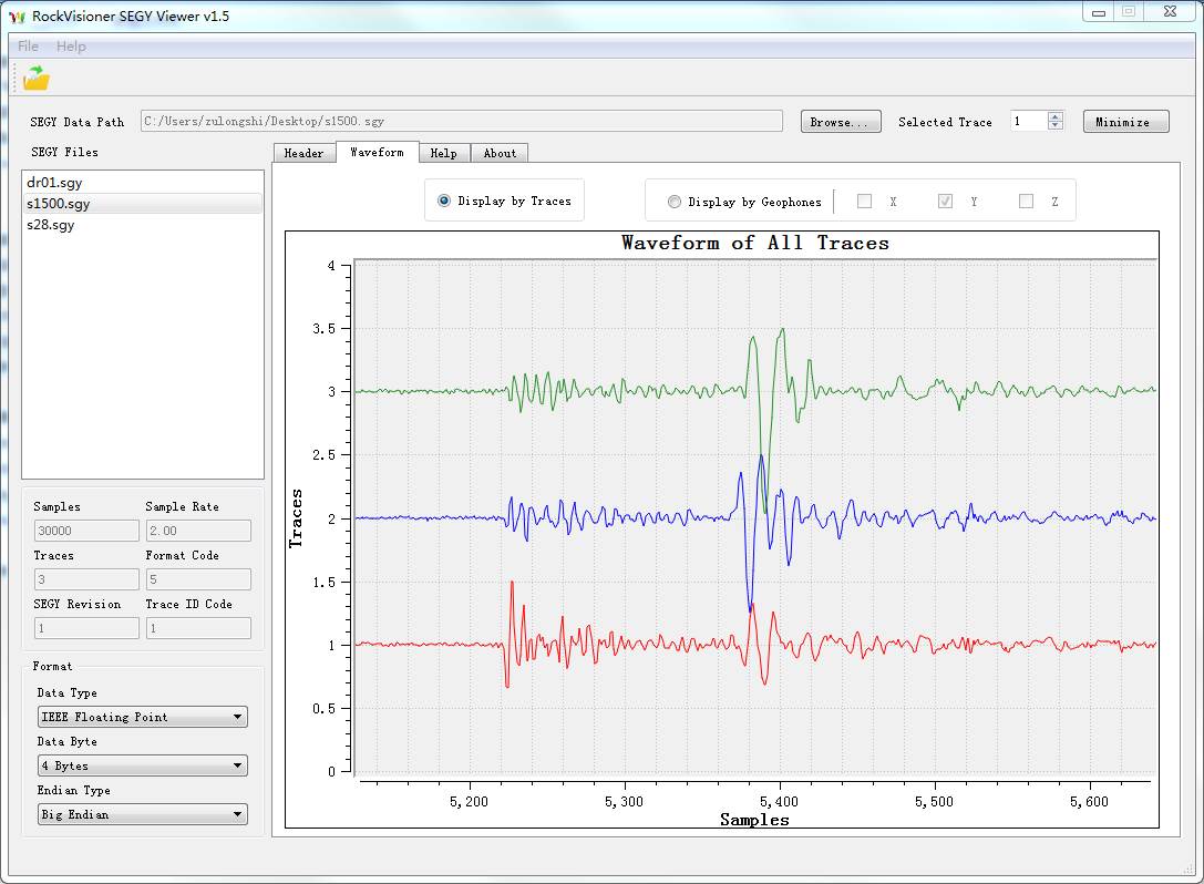 3 traces of 1 SEG-Y file recorded during surface monitoring