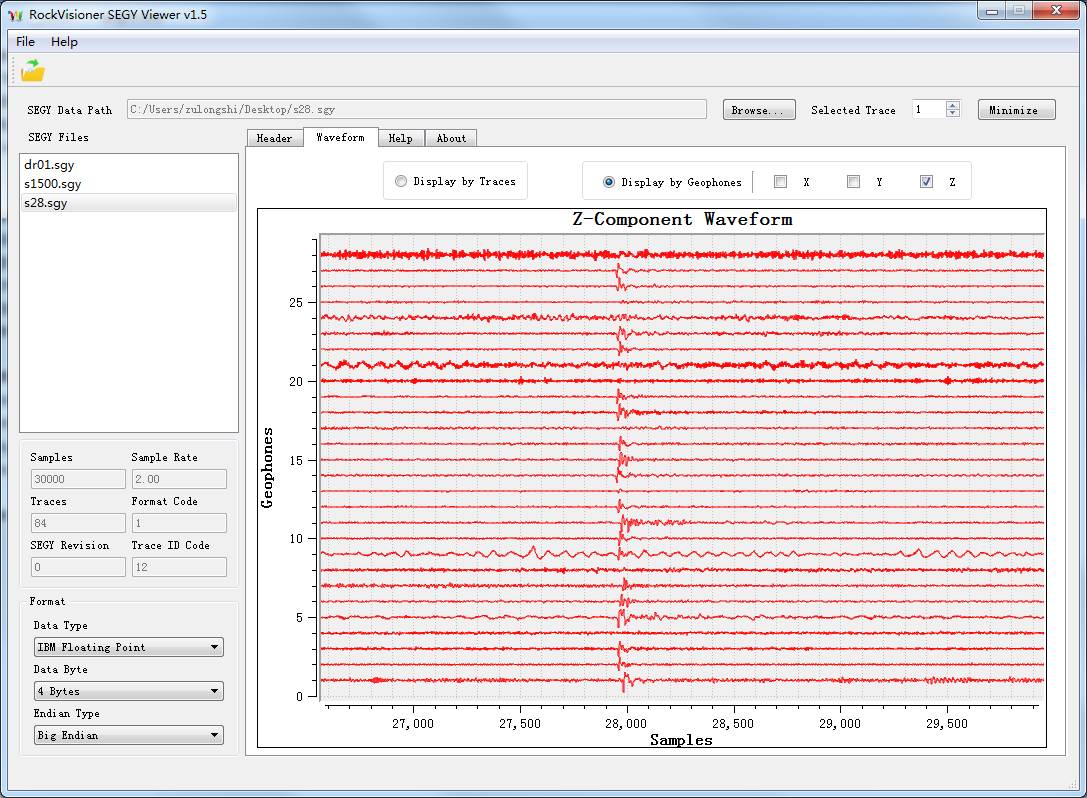 Vertical component waveforms on all traces of surface data